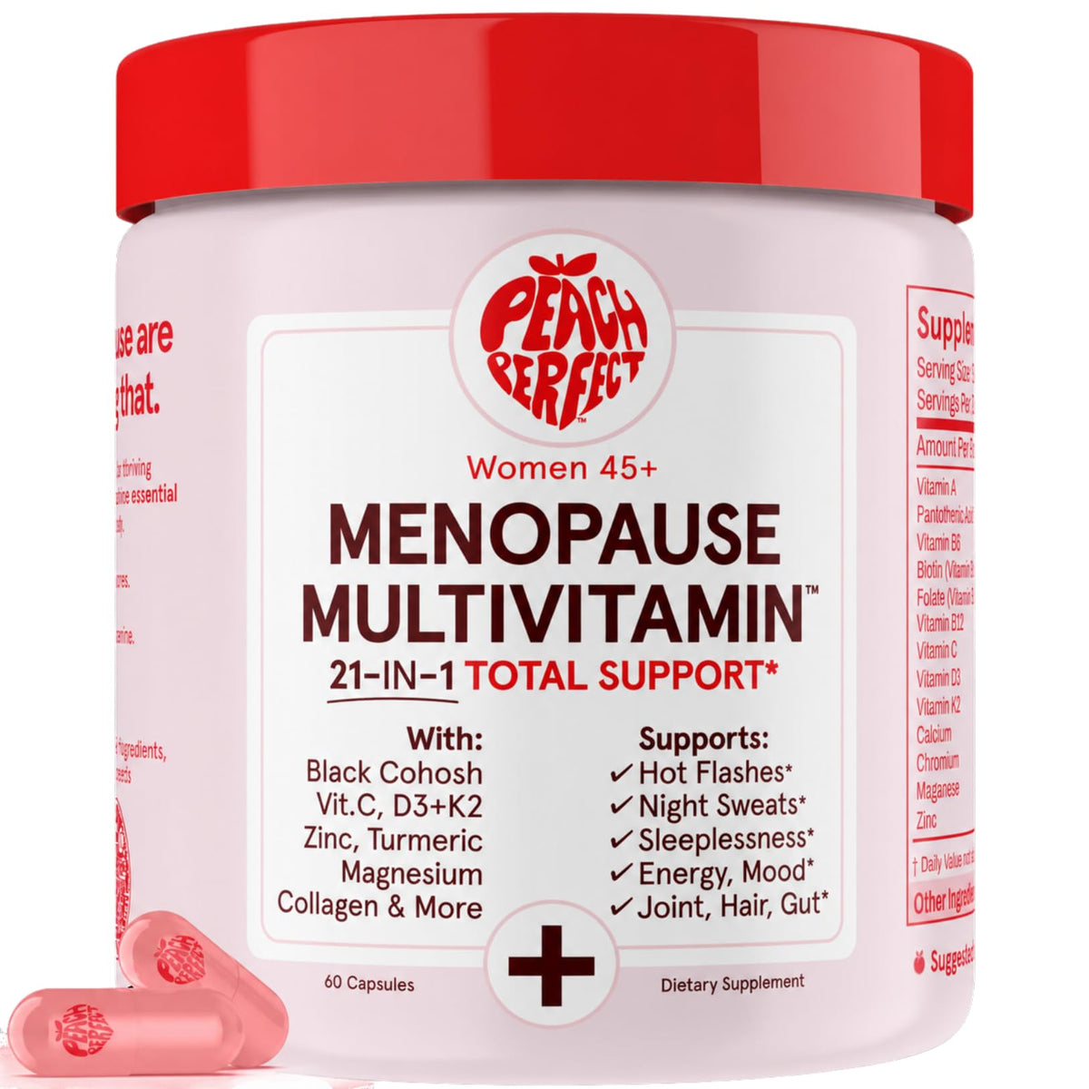 Peach Perfect Menopause Multivitamin | 21 Vitamins for Women 45+ | Black Cohosh, Ashwagandha, Vitamin D3+K2, Probiotics & Collagen | Support for Hot Flashes, Mood Swings, Joint & Skin Health | 30 SVG
