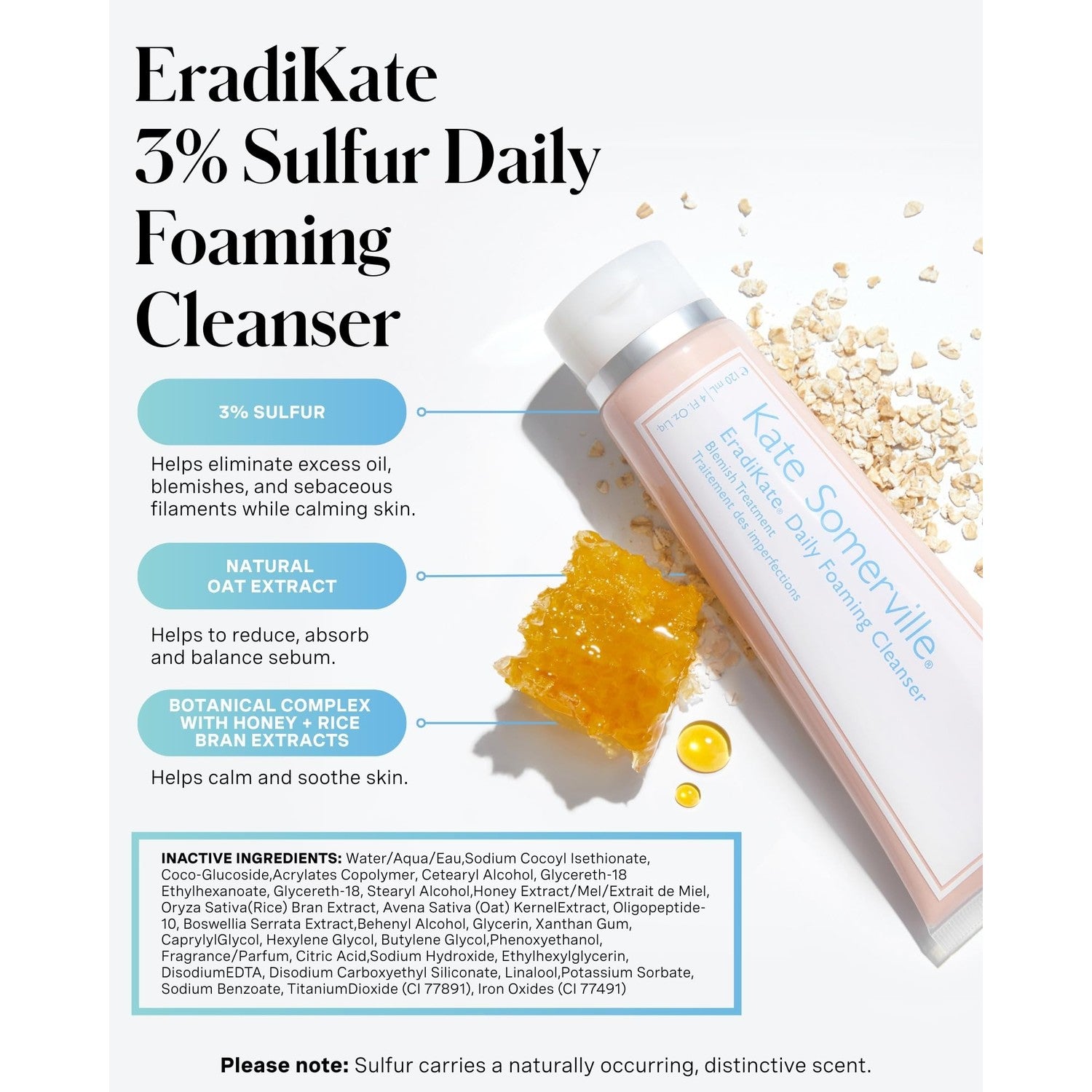 Kate Somerville EradiKate 3% Sulfur Daily Foaming Cleanser, 4 Fl Oz | Acne Treatment – Clinically Formulated Medicated Face Wash Balances Skin & Cleans Pores