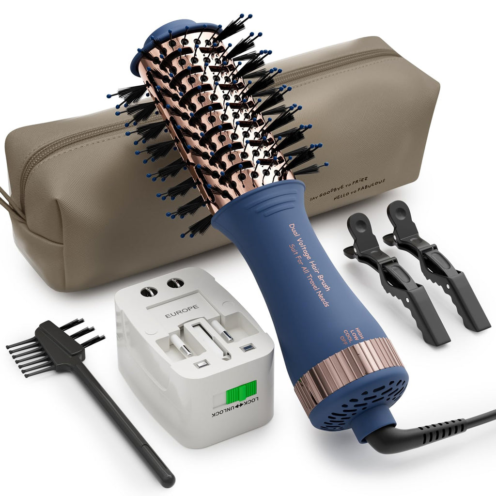 4-in-1 travel hair dryer brush with dual voltage, travel pouch, clips, and heat protectant comb for convenient styling.