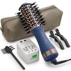 Compact 4-in-1 travel hair dryer with dual voltage, styling brush, clips, and a versatile travel pouch for convenience.
