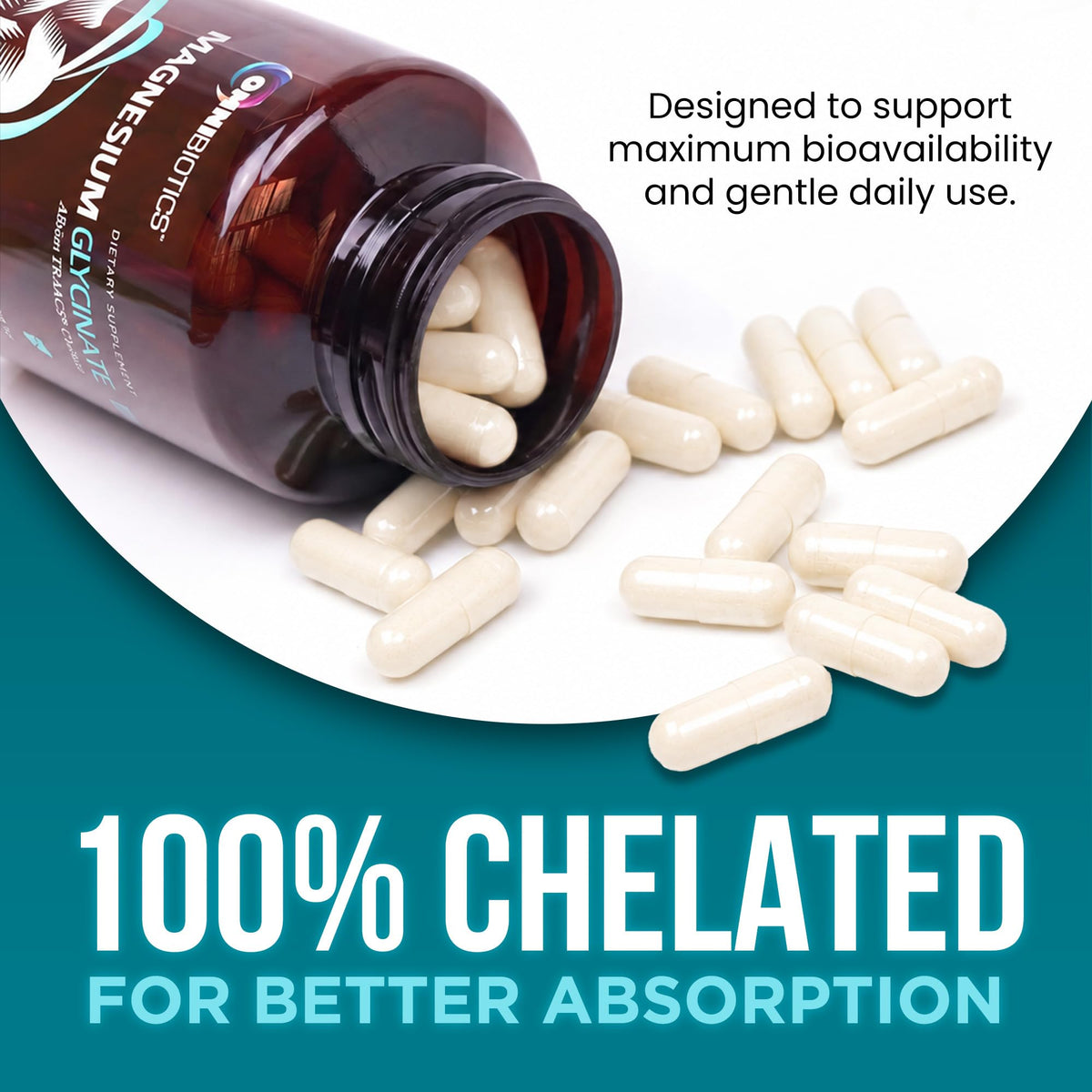 OmniBiotics Magnesium Glycinate Supplement – with 100% Pure Albion TRAACS Bisglycinate Chelate for Sleep, Muscle, Nerve & Heart Health – 120 Vegan Capsules