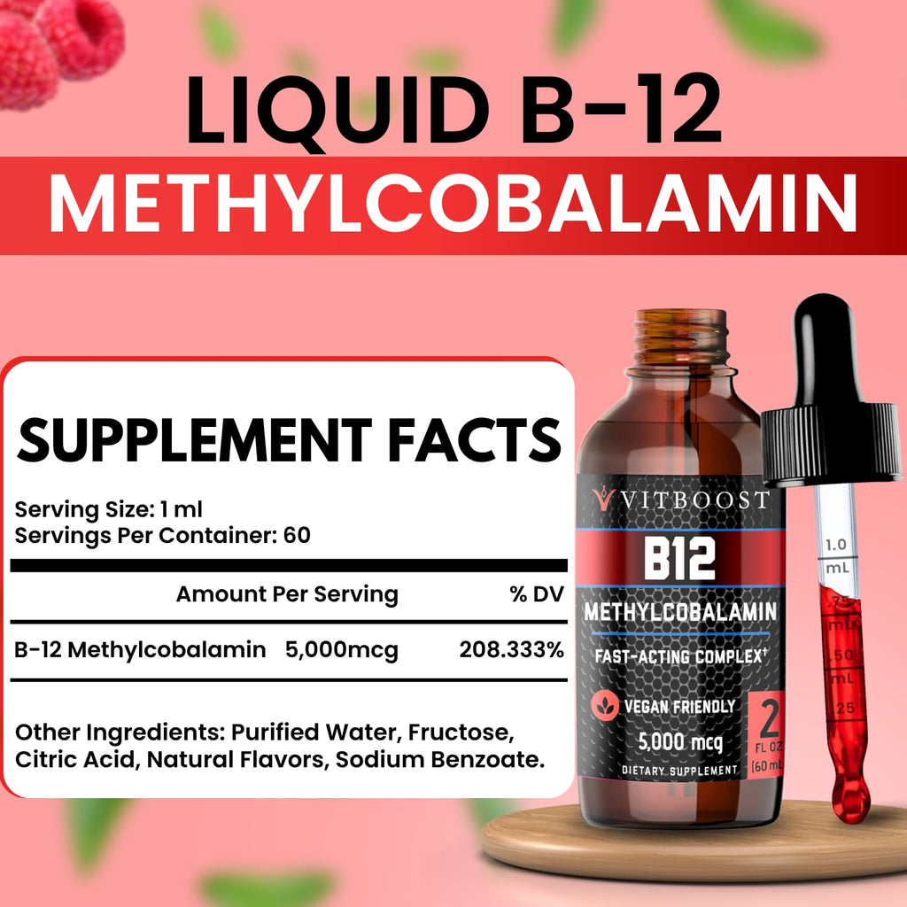 VITBOOST Vitamin B12 Liquid Drops - 60 x 5000 mcg Vegan B12 Sublingual | Extra Strength Raspberry Flavored Methylcobalamin B-12 Supplement Designed to Maximize Absorption & Energy, Gluten Free