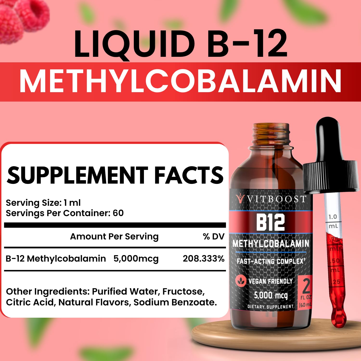 VITBOOST Vitamin B12 Liquid Drops - 60 x 5000 mcg Vegan B12 Sublingual | Extra Strength Raspberry Flavored Methylcobalamin B-12 Supplement Designed to Maximize Absorption & Energy, Gluten Free
