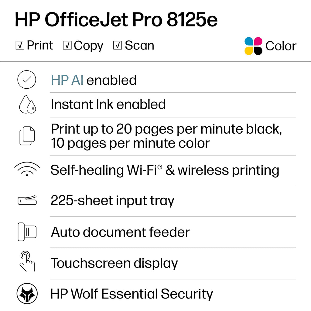 HP OfficeJet Pro 8125e Wireless All-in-One Color Inkjet Printer, Print, scan, Copy, ADF, Duplex Printing Best-for-Home Office, 3 Month Instant Ink Trial Included, AI-Enabled (405T6A)