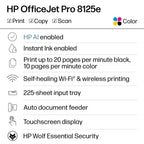 HP OfficeJet Pro 8125e Wireless All-in-One Color Inkjet Printer, Print, scan, Copy, ADF, Duplex Printing Best-for-Home Office, 3 Month Instant Ink Trial Included, AI-Enabled (405T6A)