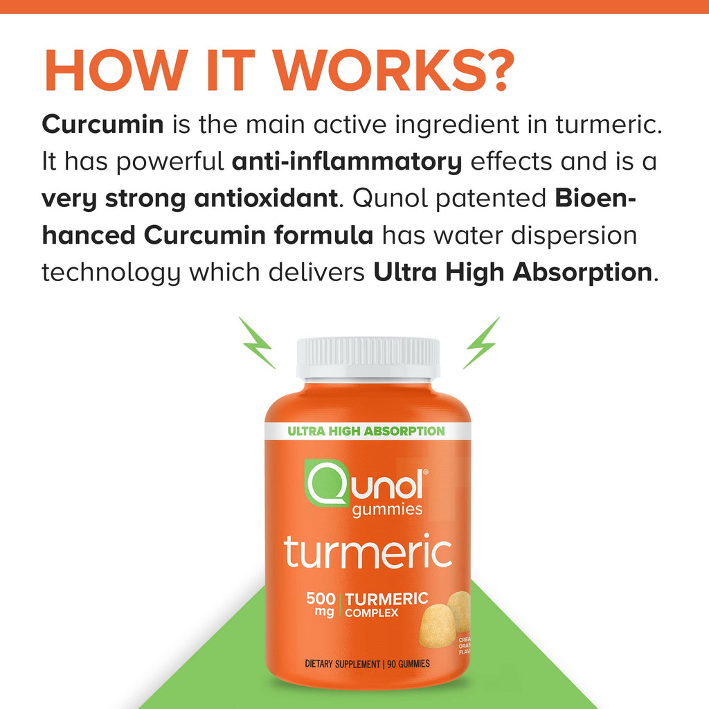 Qunol Turmeric 500mg Gummy, Ultra High Absorption Turmeric Curcumin, 90 ct | Delicious Vegan & Gluten Free Supplement that Supports Joint Health and Healthy Inflammation Response, Rich Tangerine Flavor