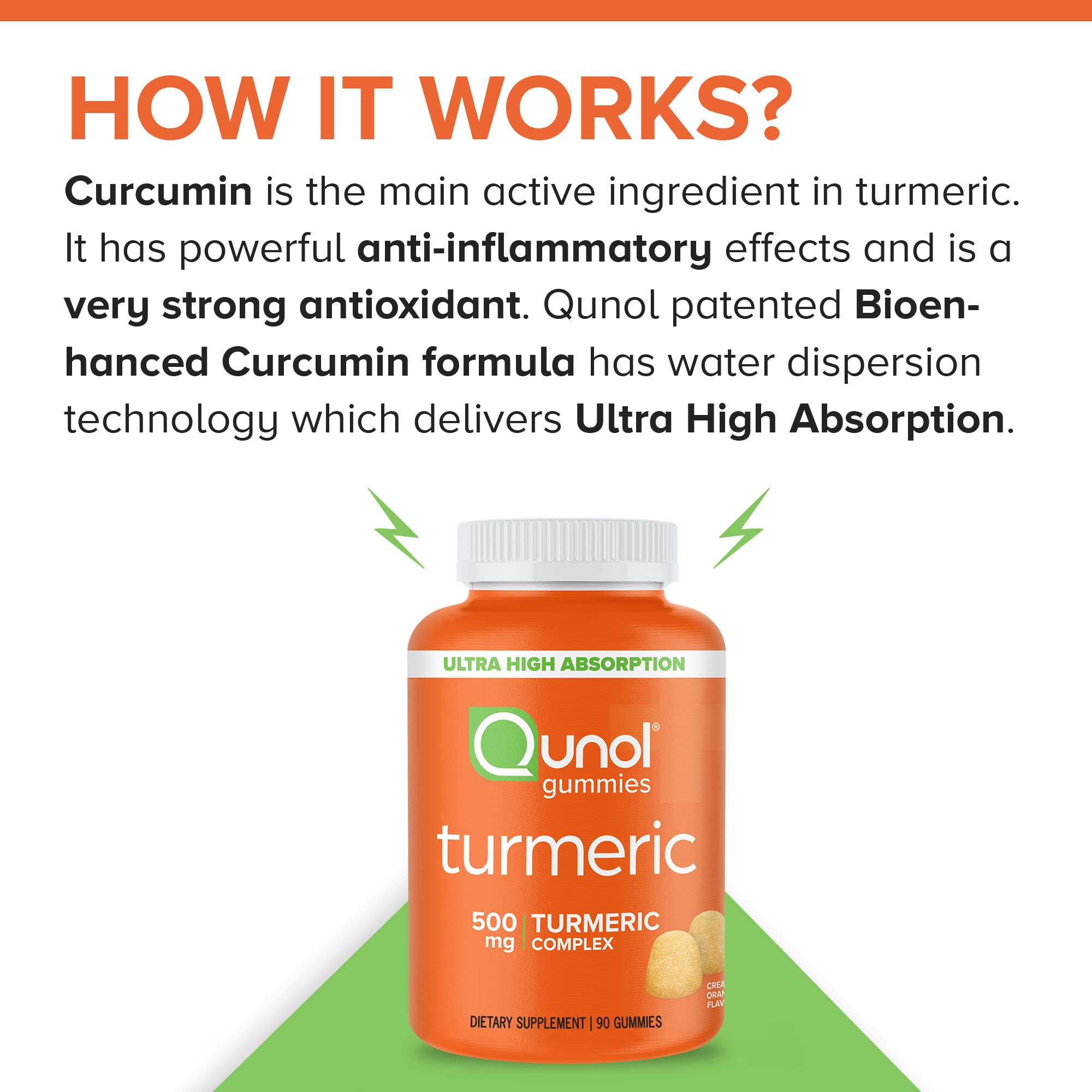 Qunol Turmeric 500mg Gummy, Ultra High Absorption Turmeric Curcumin, 90 ct | Delicious Vegan & Gluten Free Supplement that Supports Joint Health and Healthy Inflammation Response, Rich Tangerine Flavor