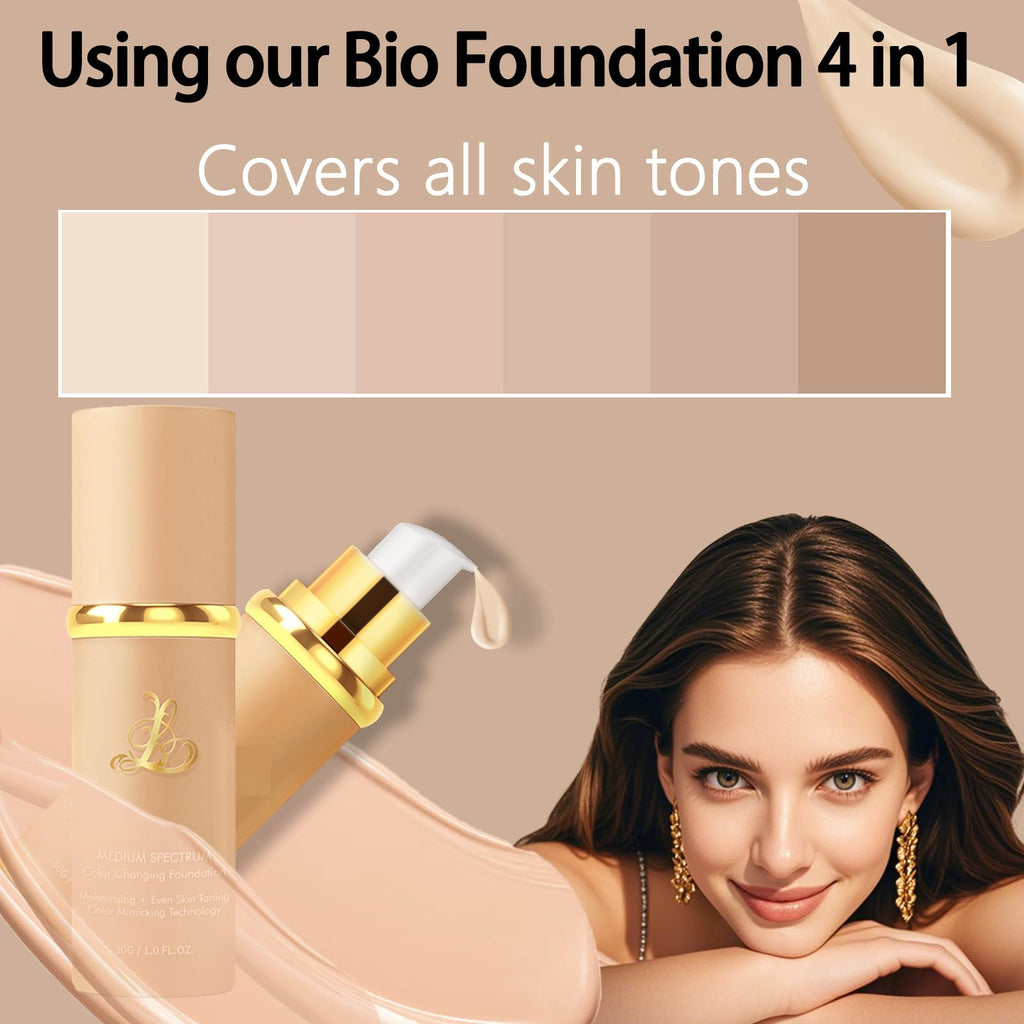 Foundation 4 in 1 - Medium Spectrum with SPF 50+, Color Changing Foundation, Hydrating Color Changing Foundation Makeup, Concealer, Sun Protection, Longwearing & Waterproof for All Skin Types