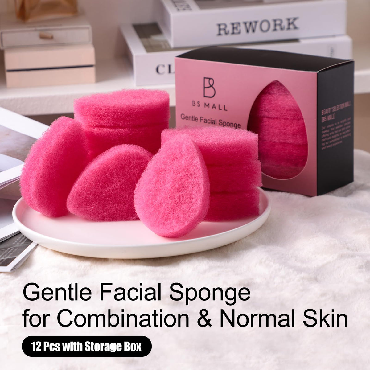 BS-MALL Facial Sponge 12 Pcs – Exfoliating Face Scrubber for Deep Cleansing, Removes Blackheads, Reusable Design, Perfect for Skin Care Routine (Hot Pink-Soft Texture)