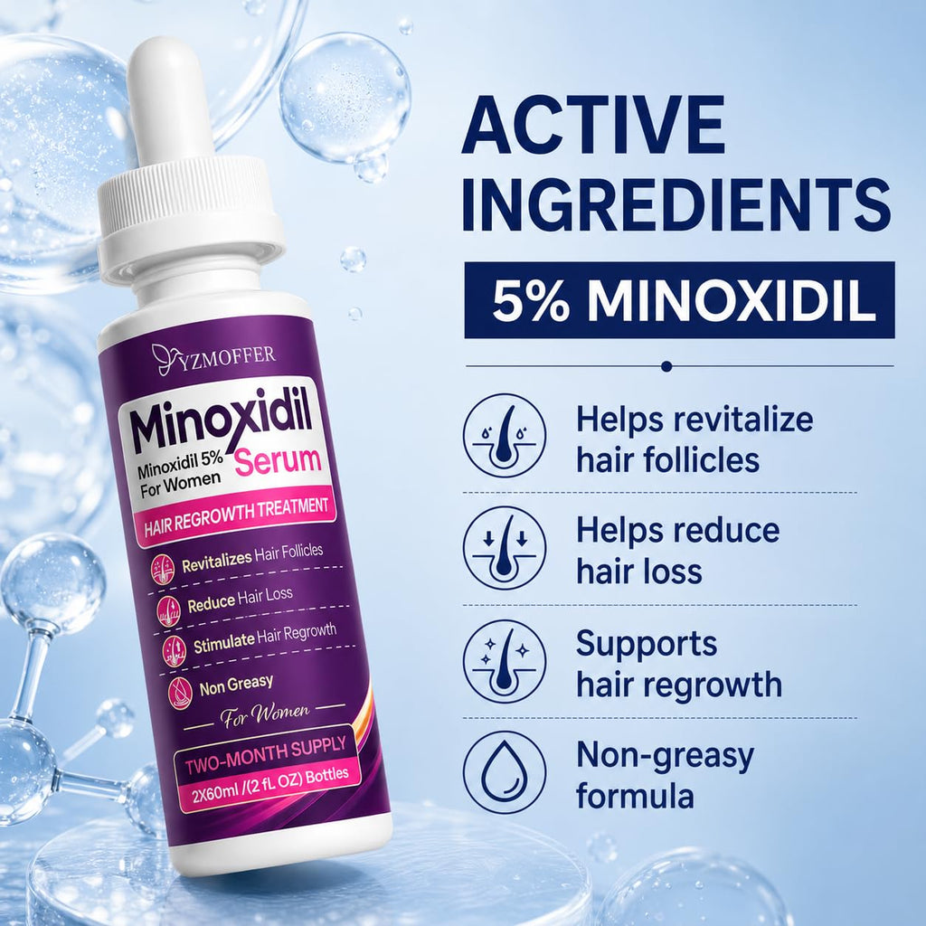 Minoxidil 5% Hair Regrowth Treatment for Women, 2-Month Supply | Topical Serum Drops for Thinning Hair, Revitalizes Hair Follicles, Reduces Hair Loss, Non-Greasy Liquid Formula