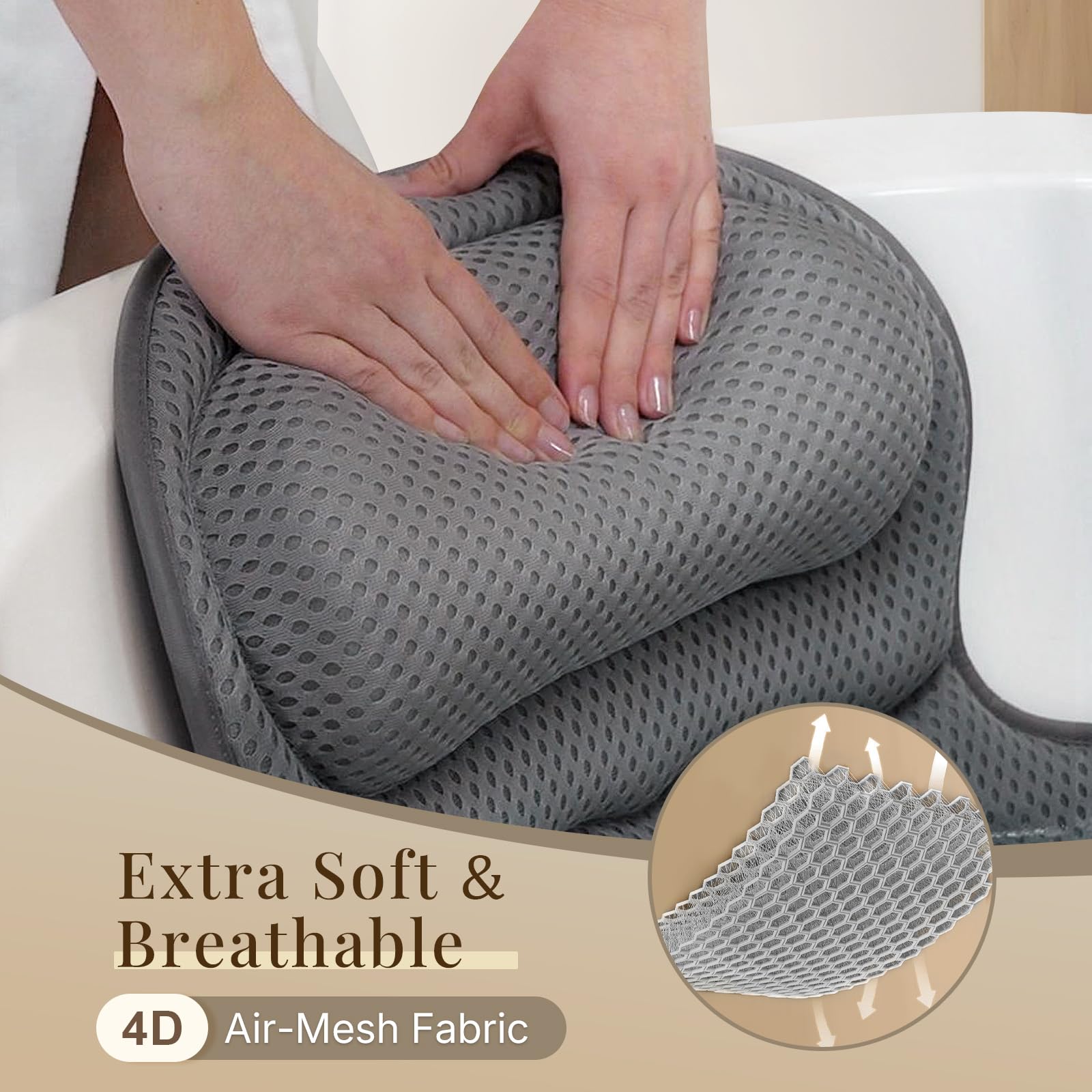 Bath Pillows for Tub, Luxury Bathtub Pillow for Head and Neck Support, Gray | Soft 4D Mesh, Padded Headrest, 6 Non-slip Suction Cups, Quick-drying, Machine Washable, Wash Bag Included, Bath Accessories