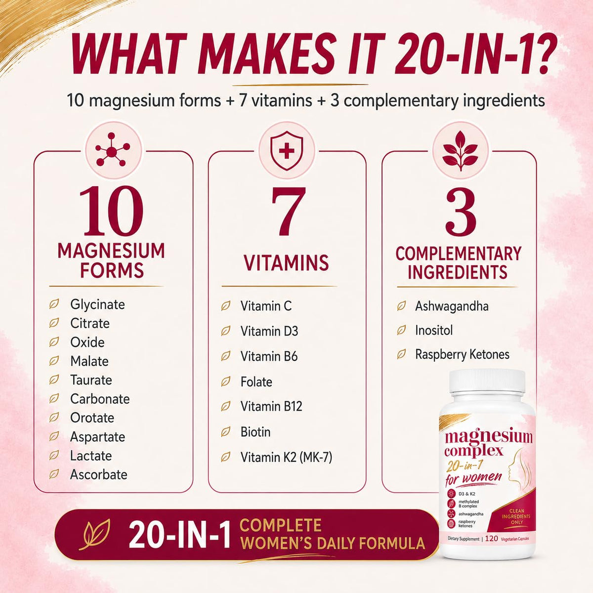 Magnesium Complex 20 in 1 for Women, Multi-Form Magnesium with D3, K2, Ashwagandha & Raspberry Ketones, Muscle, Bone, Energy & Relaxation Support, 120 Veggie Capsules