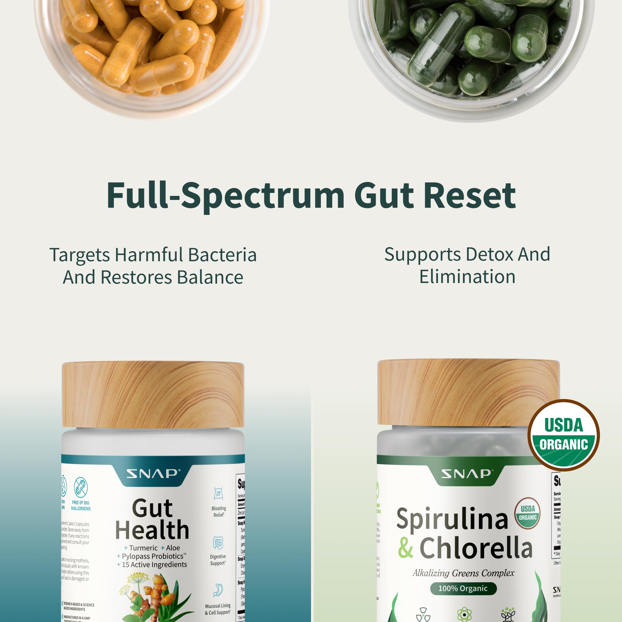 Snap Supplements Gut Health Supplement & Organic Spirulina Chlorella Bundle | Lipase Supplement, Probiotic Greens–Supports Digestion, Detox, Energy & Immune Health, 50 + 120 Vegan Capsules 30-Day Supply