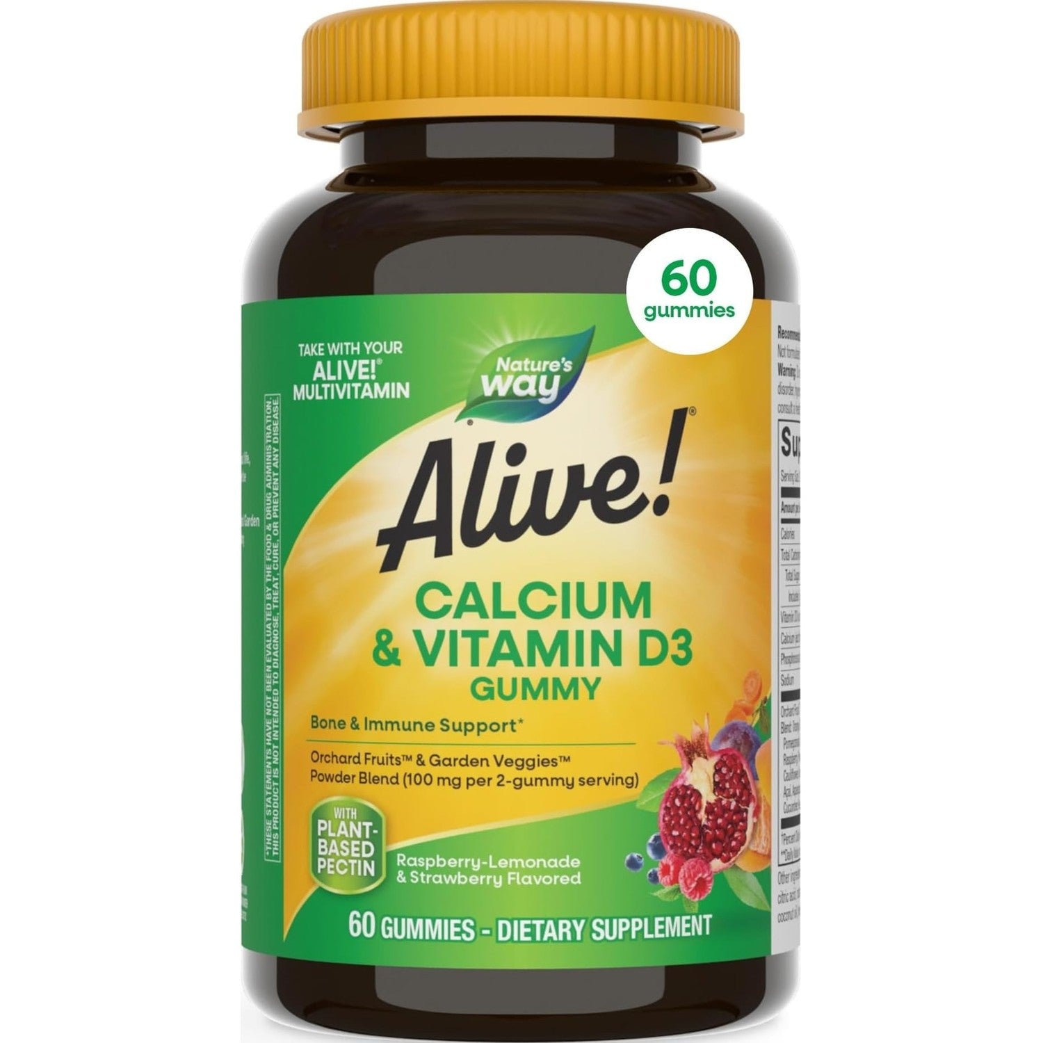 Nature’s Way Alive! Chewable Calcium Gummies with Vitamin D3, 60 ct | Daily Supplement Supports Healthy Bones and Teeth, and Muscle Function*, Strawberry and Raspberry-Lemonade Flavored