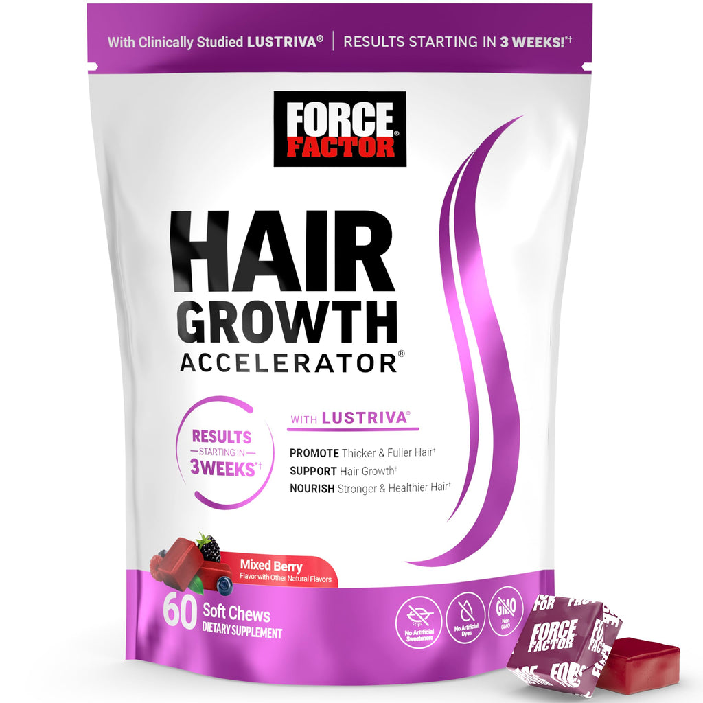 Force Factor Hair Growth Accelerator Soft Chews with Lustriva | Hair Growth Vitamins for Women & Men with Clinically Studied Lustriva & Biotin for Thicker, Fuller Hair, 60 Soft Chews