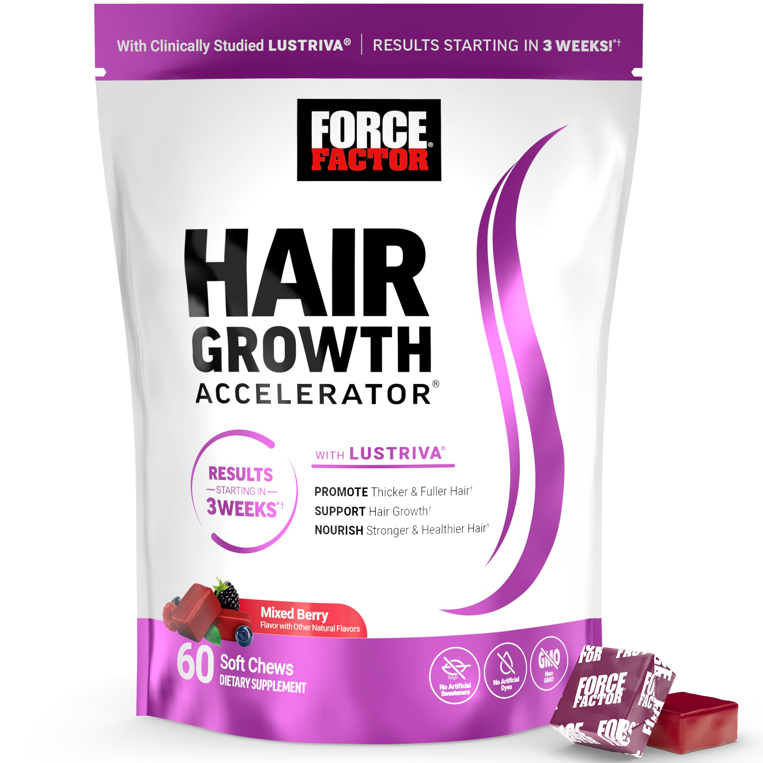 Force Factor Hair Growth Accelerator Soft Chews with Lustriva | Hair Growth Vitamins for Women & Men with Clinically Studied Lustriva & Biotin for Thicker, Fuller Hair, 60 Soft Chews