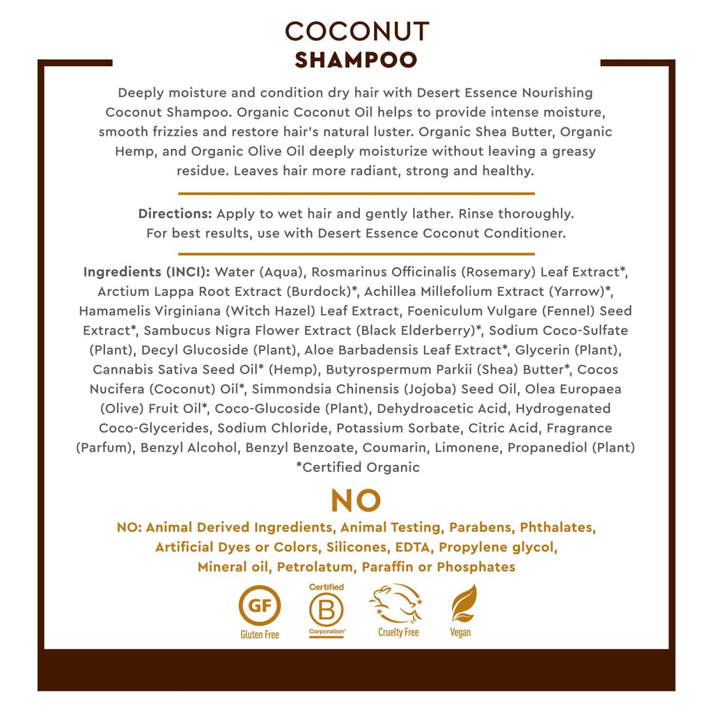 Buy now Desert Essence Coconut Shampoo, 8 fl oz - Gluten Free, Vegan, Paraben Free - Nourishing for Dry Hair with Coconut Oil, Shea Butter, & Hemp Oil - Mousturizes & Smooths Frizz 8 fl oz. at indiglob india
