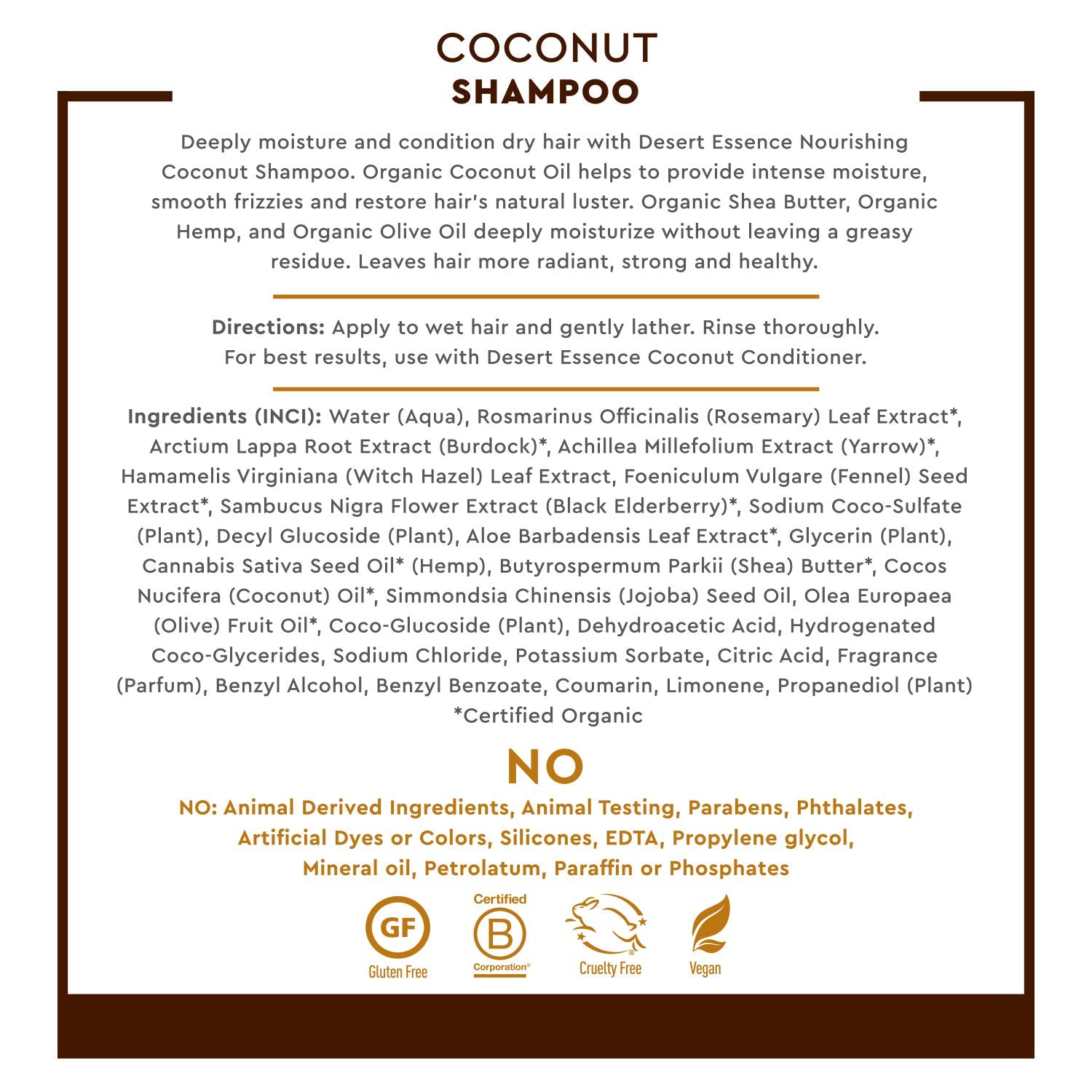 Buy now Desert Essence Coconut Shampoo, 8 fl oz - Gluten Free, Vegan, Paraben Free - Nourishing for Dry Hair with Coconut Oil, Shea Butter, & Hemp Oil - Mousturizes & Smooths Frizz 8 fl oz. at indiglob india