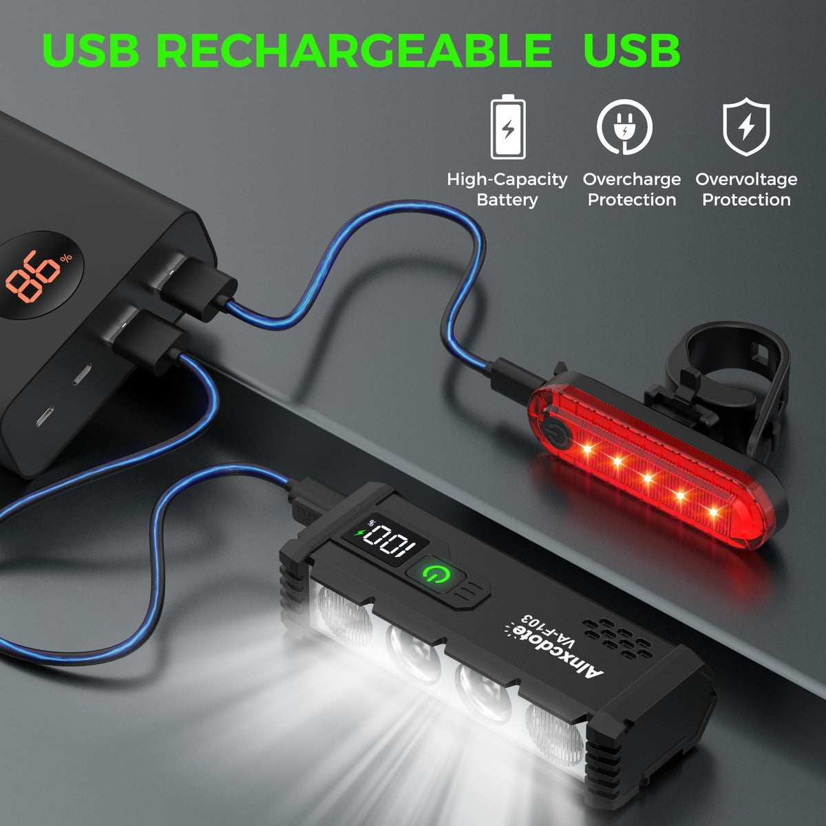 Super Bright Bike Lights for Night Riding 4800 Lumen, USB Rechargeable Bicycle Light with LCD Display, Runtime 10+ Hours, IP65 Waterproof Bike Headlight Front and Rear for MTB, Off-Road, City Riding