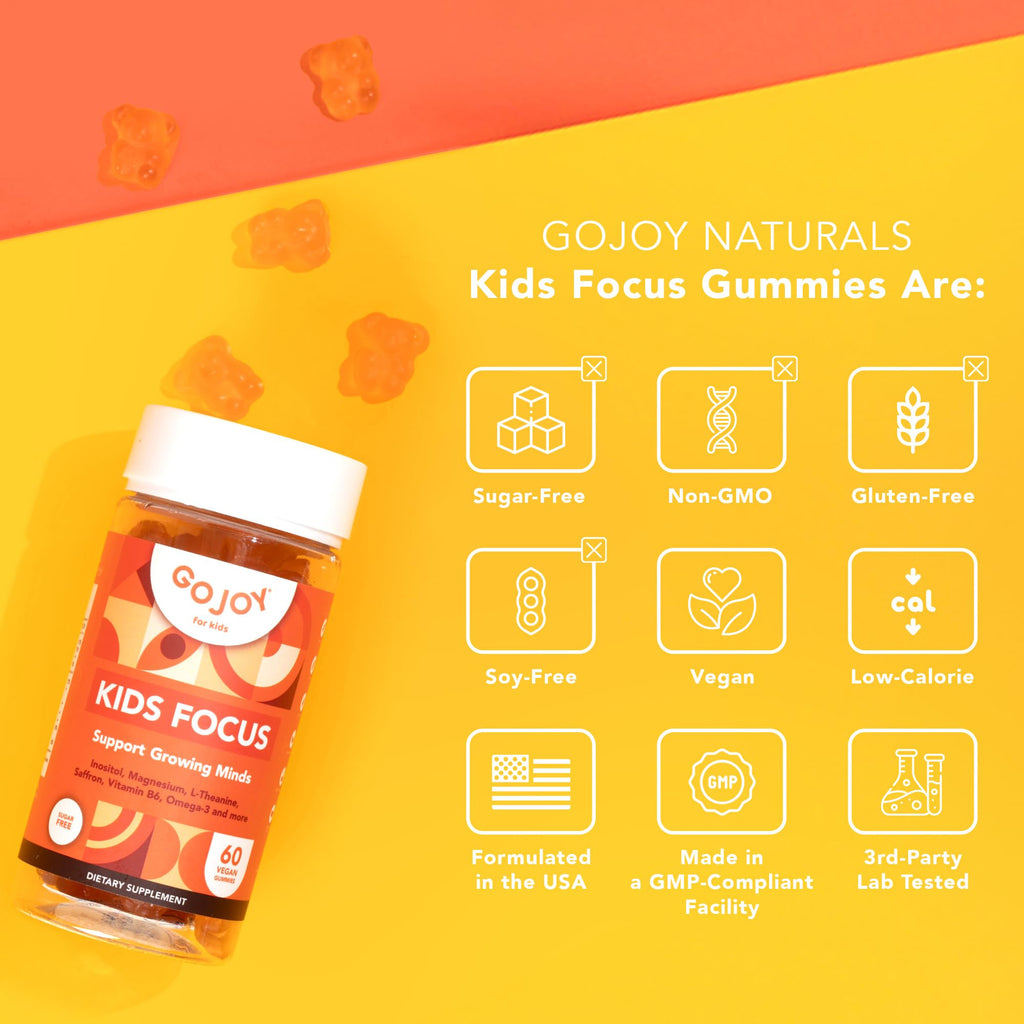 GOJOY NATURALS Kids Focus Gummies – Saffron, Magnesium Glycinate, L-Theanine & Inositol Supplement for Kids & Teens – Focus, Attention & Calm – Vegan, Sugar-Free, Non-GMO