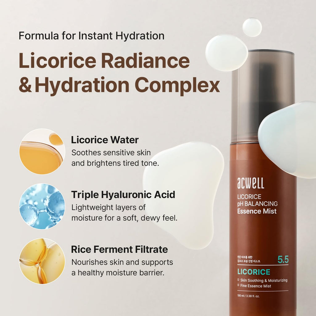 ACWELL Licorice pH Balancing Essence Hydrating Face Mist – Ultra-Fine Facial Spray, Triple Hyaluronic Acid & Panthenol, Soothing & Barrier Repair for Sensitive Skin, 3.38 fl oz