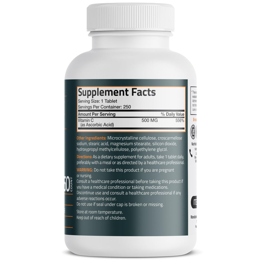 Bronson Vitamin C 500 mg Immune & Antioxidant Support, Non-GMO, 250 Tablets | Daily Vitamin C Replenishment, Vegetarian Formula, Gluten-Free & Soy-Free