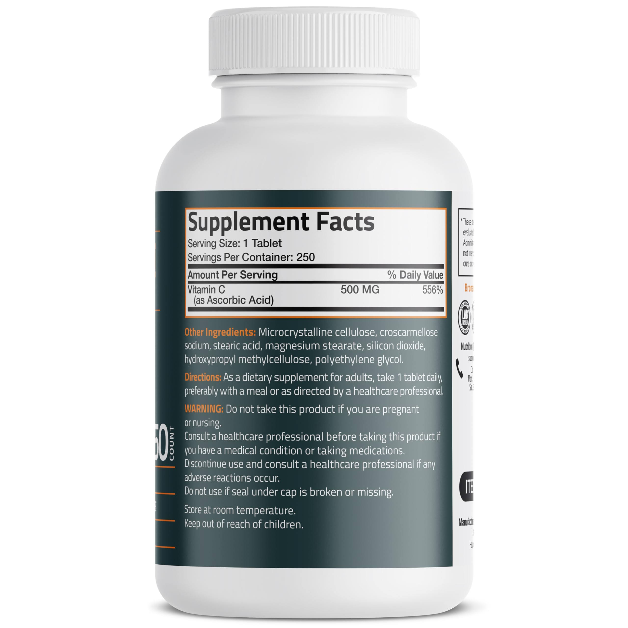 Bronson Vitamin C 500 mg Immune & Antioxidant Support, Non-GMO, 250 Tablets | Daily Vitamin C Replenishment, Vegetarian Formula, Gluten-Free & Soy-Free