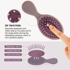 The RHOS folding brush features an air vent hole, flexible bristles, and a compact mirror, perfect for detangling on-the-go.