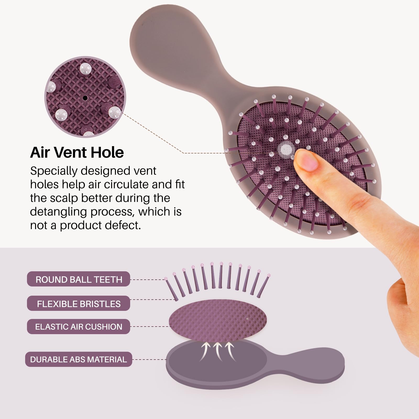 The RHOS folding brush features an air vent hole, flexible bristles, and a compact mirror, perfect for detangling on-the-go.