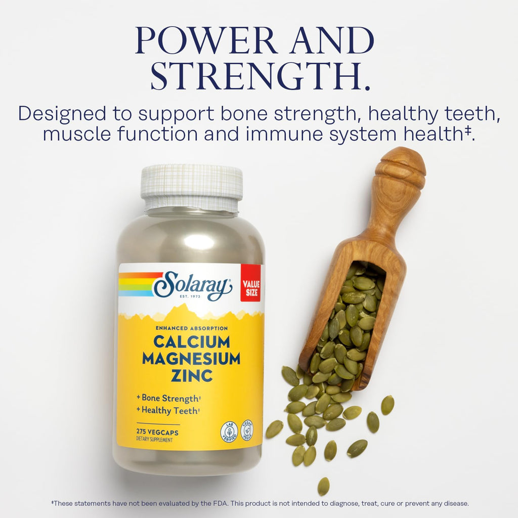 SOLARAY Calcium Magnesium Zinc, 275 VegCaps | Bone, Muscle, Heart & Immune Support, Calcium, Magnesium & Zinc Complex, 68 Servings, Vegan, Lab Verified