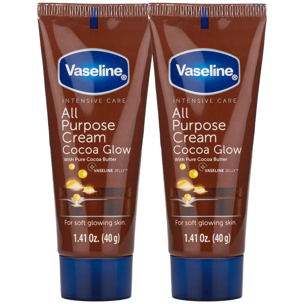 Vaseline Travel Essentials, All Purpose Cream Cocoa Glow 2-Pack, Hand & Body Lotion for Extremely Dry Skin, 1.41 Oz Ea