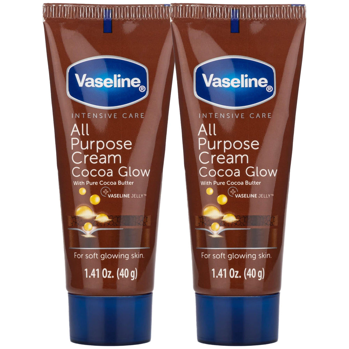Vaseline Travel Essentials, All Purpose Cream Cocoa Glow 2-Pack, Hand & Body Lotion for Extremely Dry Skin, 1.41 Oz Ea