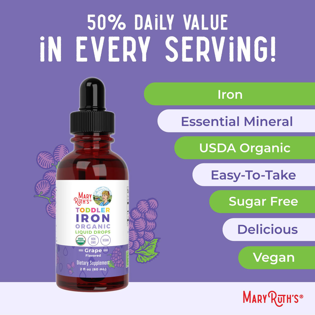 MaryRuth's Organic Toddler Liquid Iron Supplement, Sugar Free, Vegan, 2 oz | Ferrochel, Sugar Free, Vegan, Non-GMO, Gluten Free