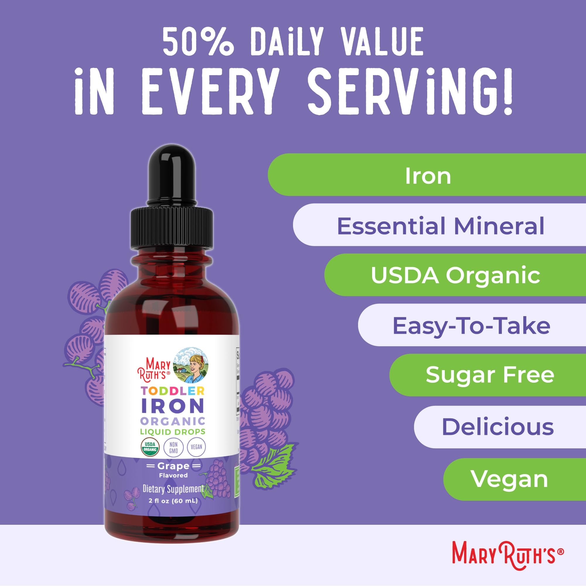 MaryRuth's Organic Toddler Liquid Iron Supplement, Sugar Free, Vegan, 2 oz | Ferrochel, Sugar Free, Vegan, Non-GMO, Gluten Free