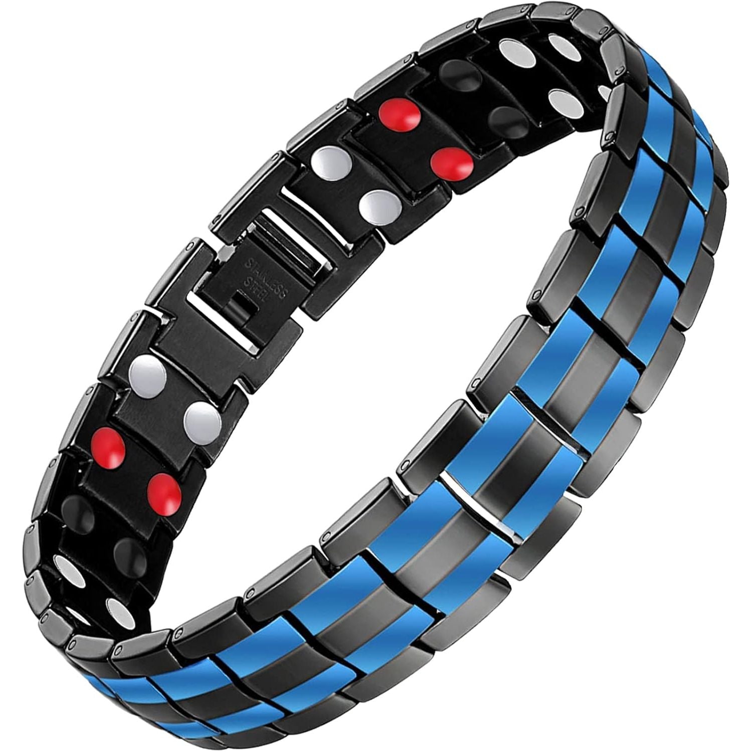 Buy now Feraco Mens Magnetic Bracelet Titanium Steel Magnetic Bracelet with Double Row 4 Elements Magnets (Silver) Black & Double Blue Line at indiglob india