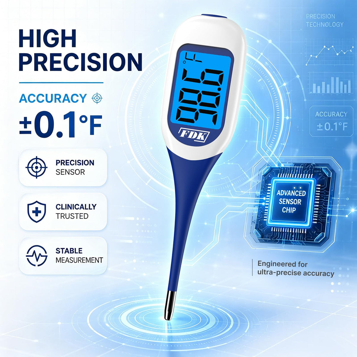 FDK Large LCD Screen Digital Thermometer for Fever, 8 Seconds Fast & Accurate Readings, Large LCD Dual Color Backlight Flexible Tip Ideal for Adults Kids and Babies FSA