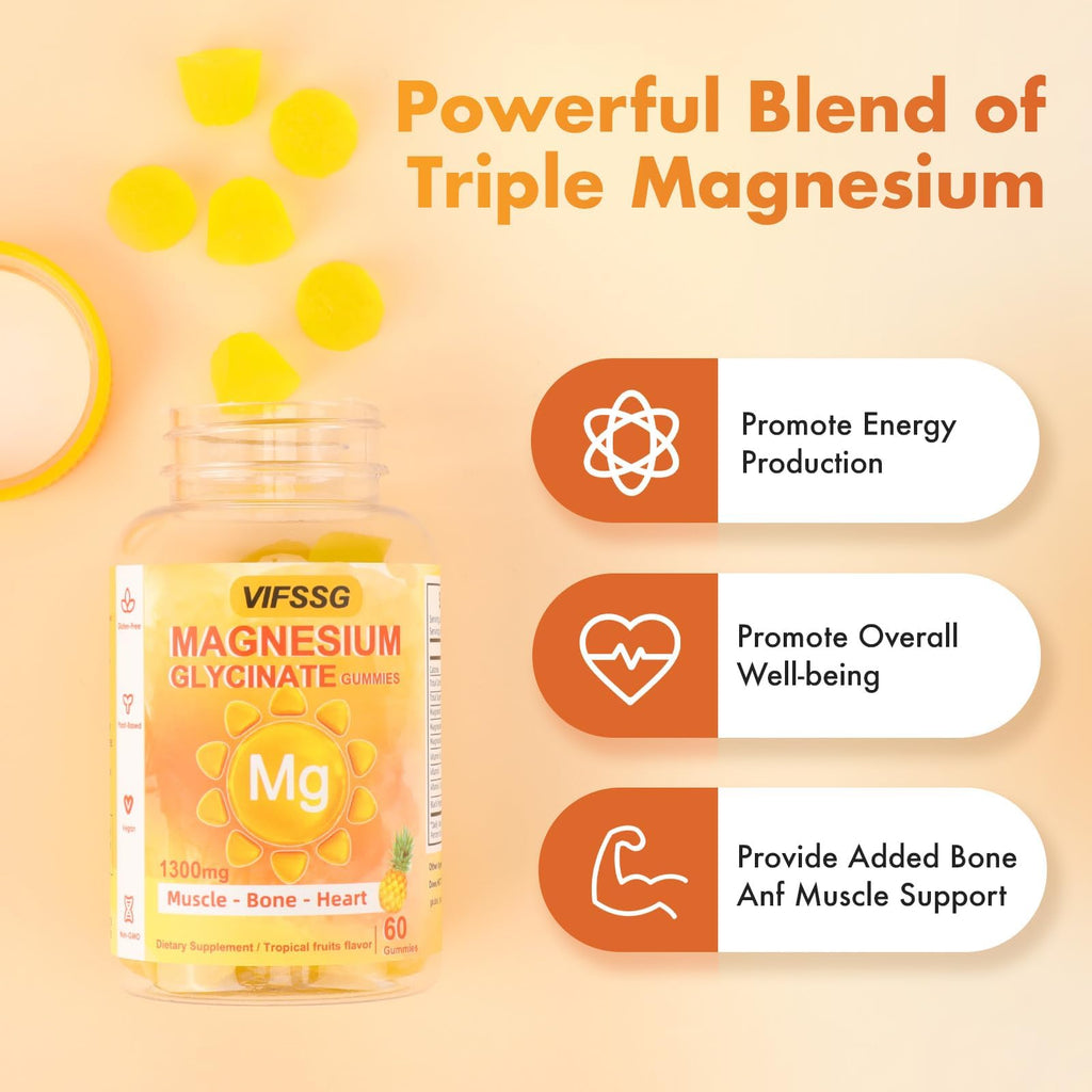 VIFSSG Magnesium Glycinate Gummies 500 Mg, Triple Magnesium Complex Sugar-Free Gummies with Malate 400 Mg, Citrate 400 Mg, Magnesium Supplement Chewable for Women & Men Vegan, Organic 60 Count