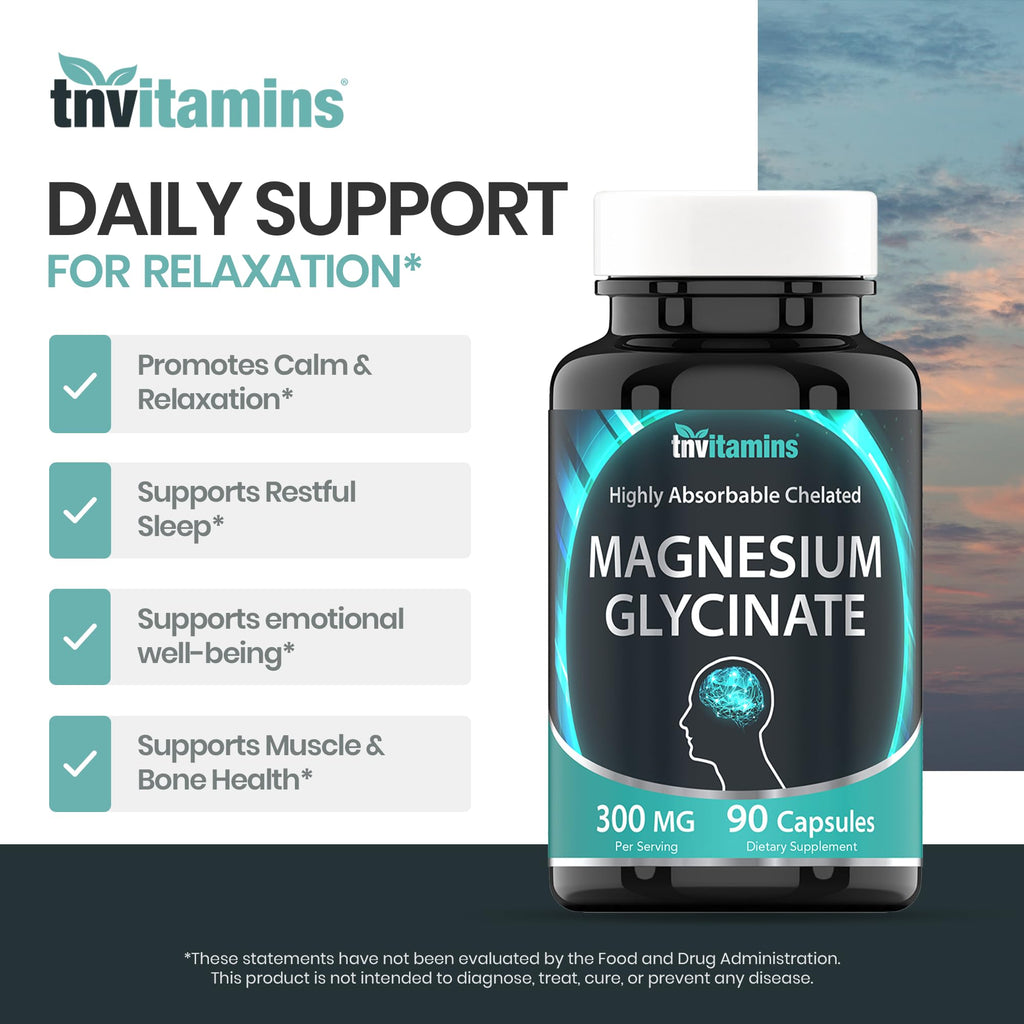 tnvitamins Magnesium Glycinate 300mg, 90 Capsules | High Absorption Chelated Magnesium for Sleep, Calm & Muscle Support* | Non-GMO, Gentle, Non-Laxative | TNVitamins