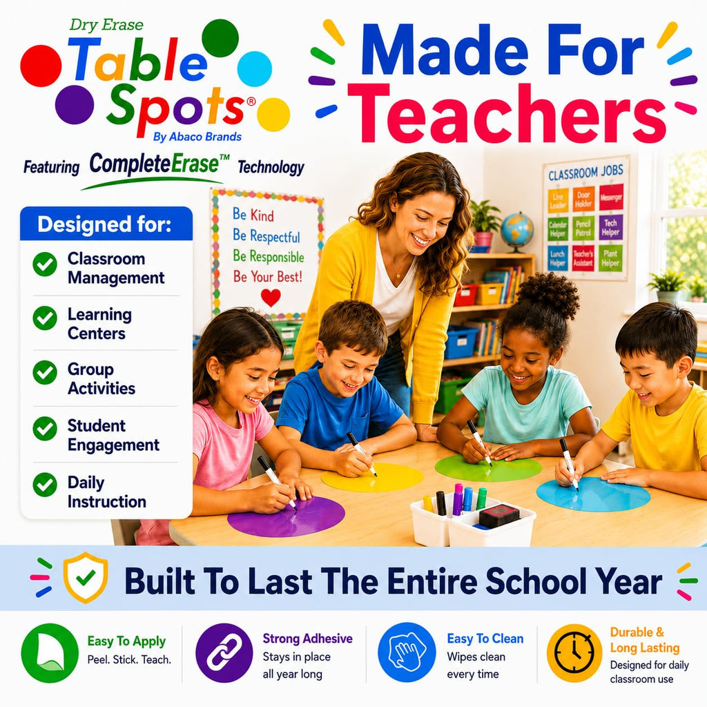 NEW Larger Size! | The Original Table Spots for Teachers | No Staining, No Shadowing, Complete Erase! Dry Erase, 10 Pack Multicolor Circles, Wall Stickers, Decals