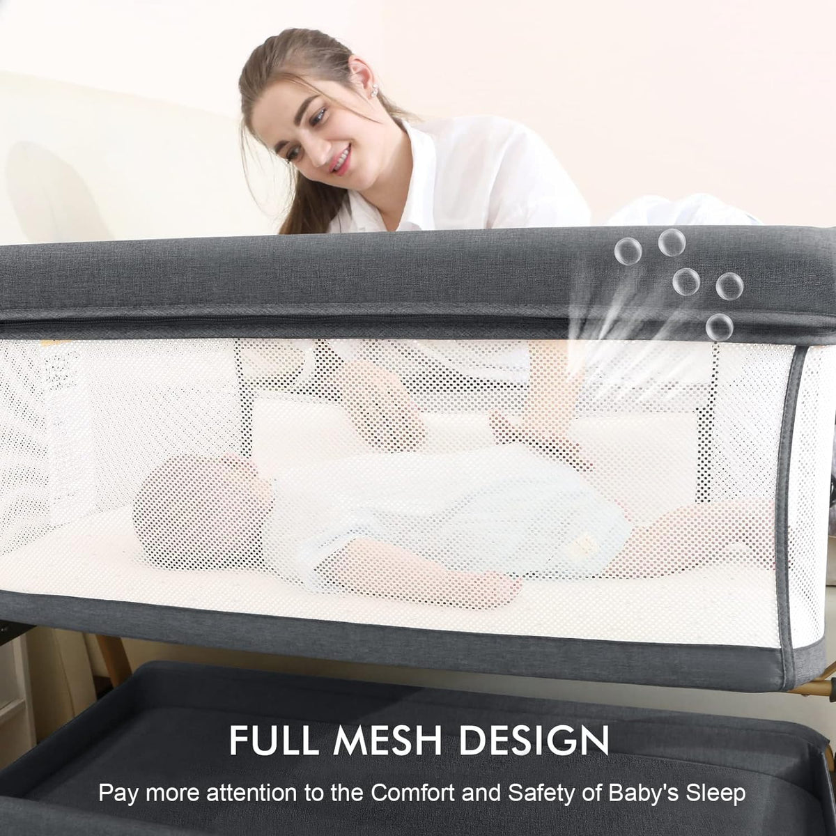 Jimglo 3-in-1 Baby Bassinet, Bedside Sleeper & Rocking Bassinet, Full Mesh