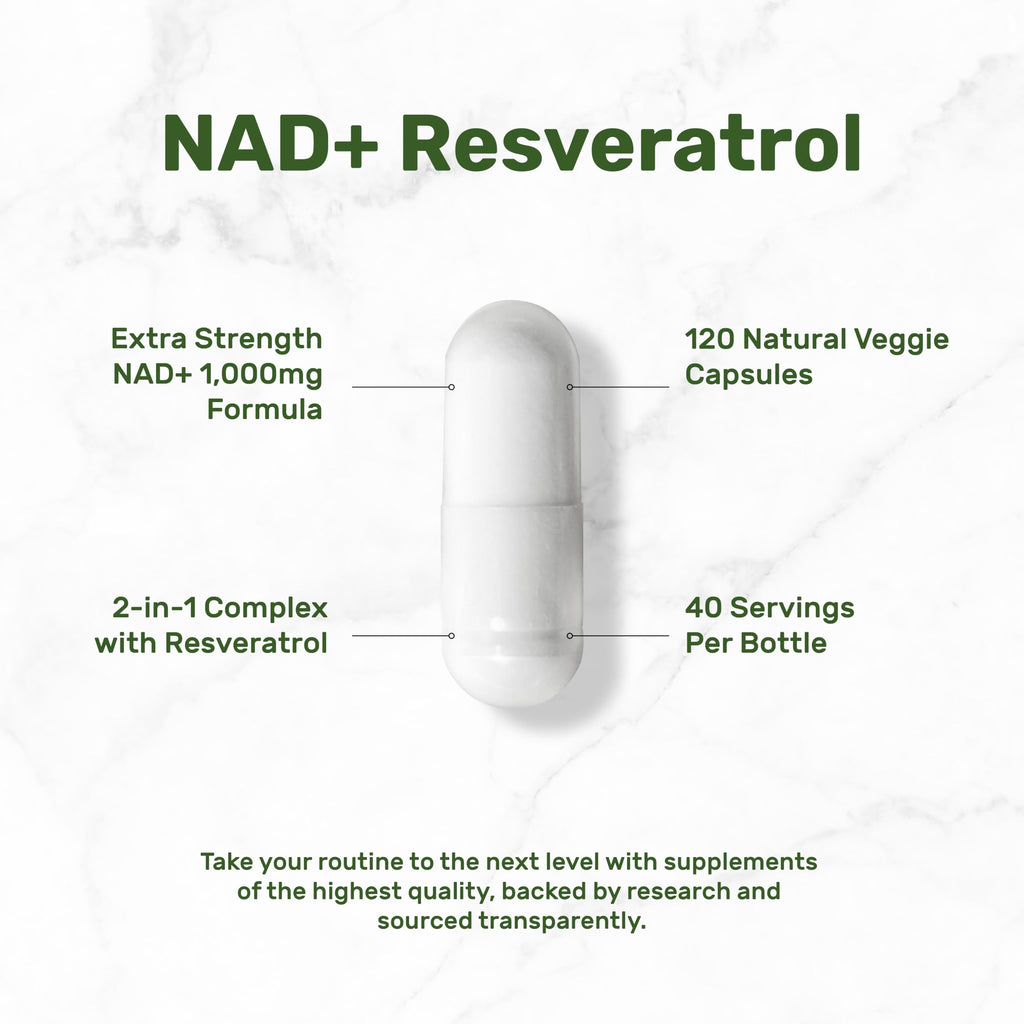 NAD+ Resveratrol Supplement 1,000mg Per Serving, 120 Veggie Capsules | 2-in-1 Extra Strength NMN Supplement Alternative | NAD Supplements for Women & Men | Non-GMO, Gluten Free