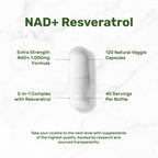 NAD+ Resveratrol Supplement 1,000mg Per Serving, 120 Veggie Capsules | 2-in-1 Extra Strength NMN Supplement Alternative | NAD Supplements for Women & Men | Non-GMO, Gluten Free