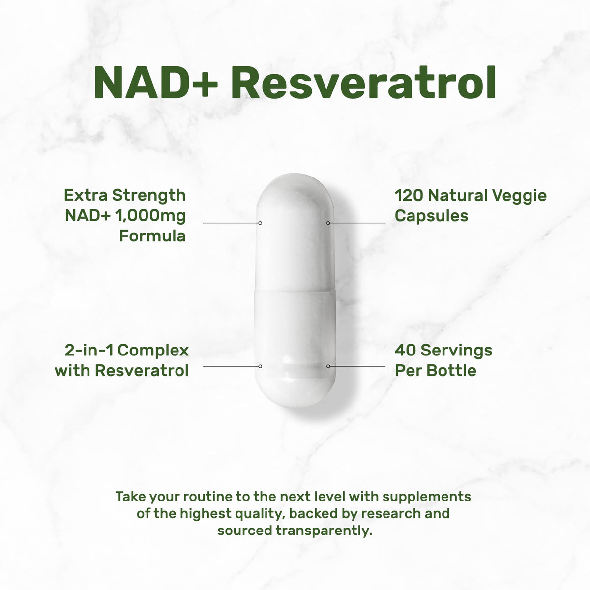 NAD+ Resveratrol Supplement 1,000mg Per Serving, 120 Veggie Capsules | 2-in-1 Extra Strength NMN Supplement Alternative | NAD Supplements for Women & Men | Non-GMO, Gluten Free
