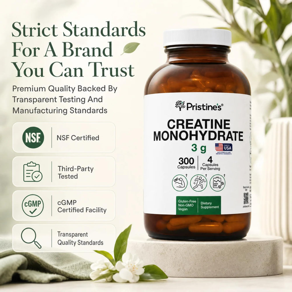 PRISTINE'S NSF Certified Creatine Monohydrate 3g Capsules, 75 Servings | Vegan, non-GMO and gluten-free. NSF Certified creatine capsules with 75 servings and no powder scoop, mixing, grit or flavor