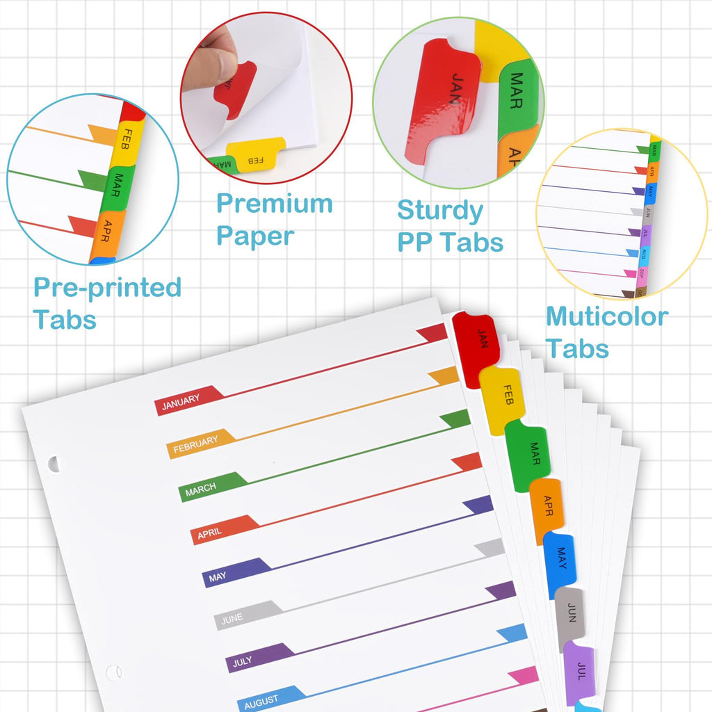 Monthly Binder Dividers for 3 Ring Binder, Jan-Dec Dividers for Binder