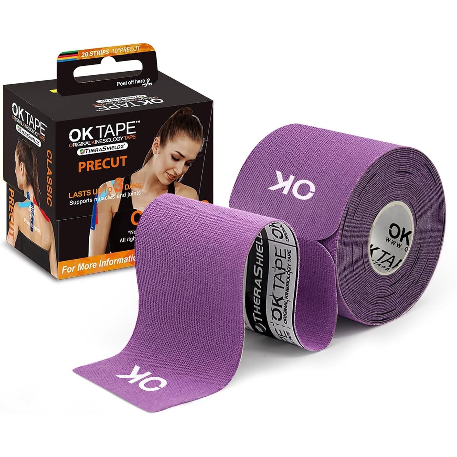 Buy now OK TAPE Kinesiology Tape 10 inches Precut, 20 Strips, Cotton Elastic Athletic Tape Latex Free, 2in x 16ft, Black 20 Count (Pack of 1) Purple at indiglob india