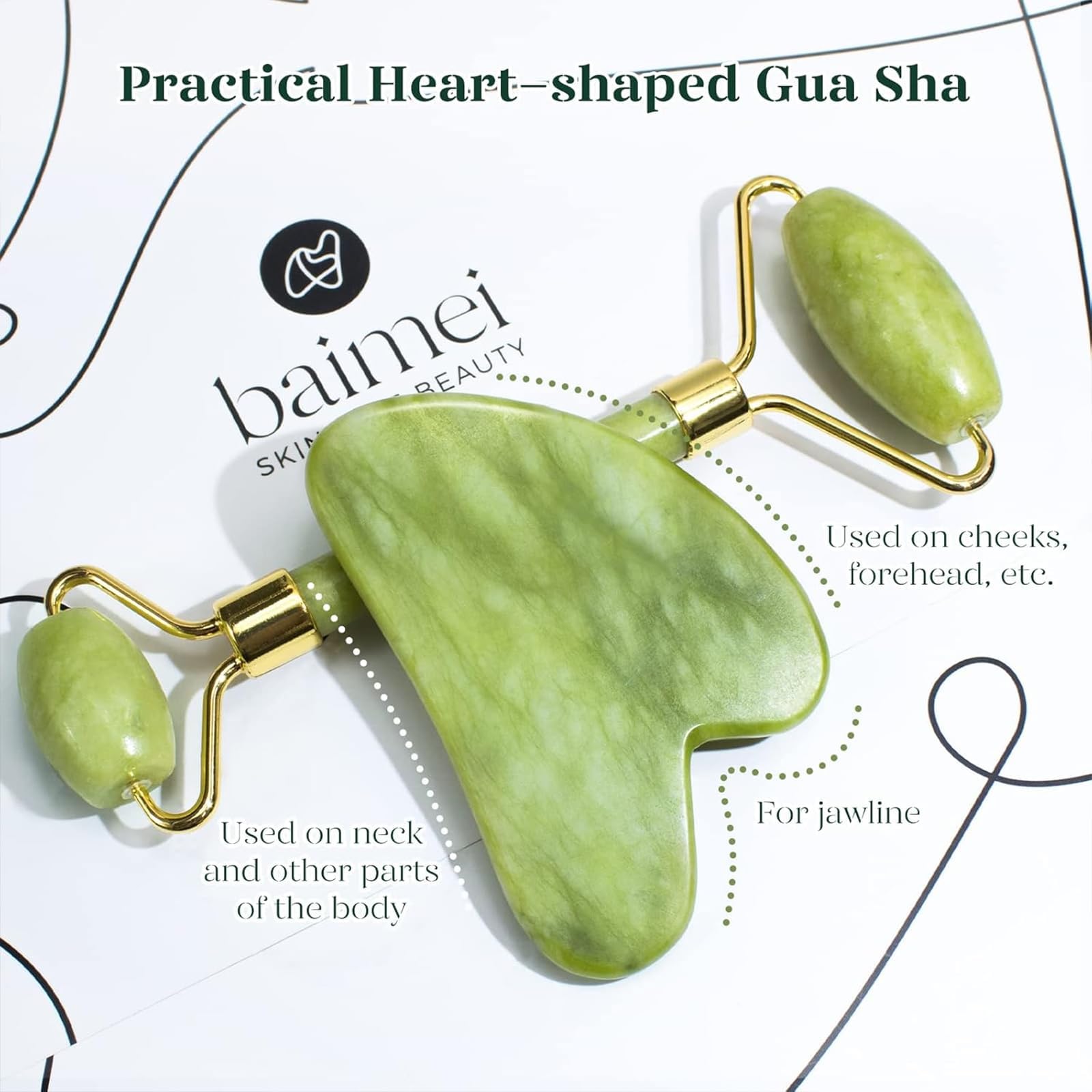 BAIMEI IcyMe Gua Sha & Jade Roller Set for Facial Sculpting and Relaxation | Cooling Face Roller & Guasha Tool for Face Depuffing & Jawline Definition, Beauty Skin Care Tool Gifts for Women–Green