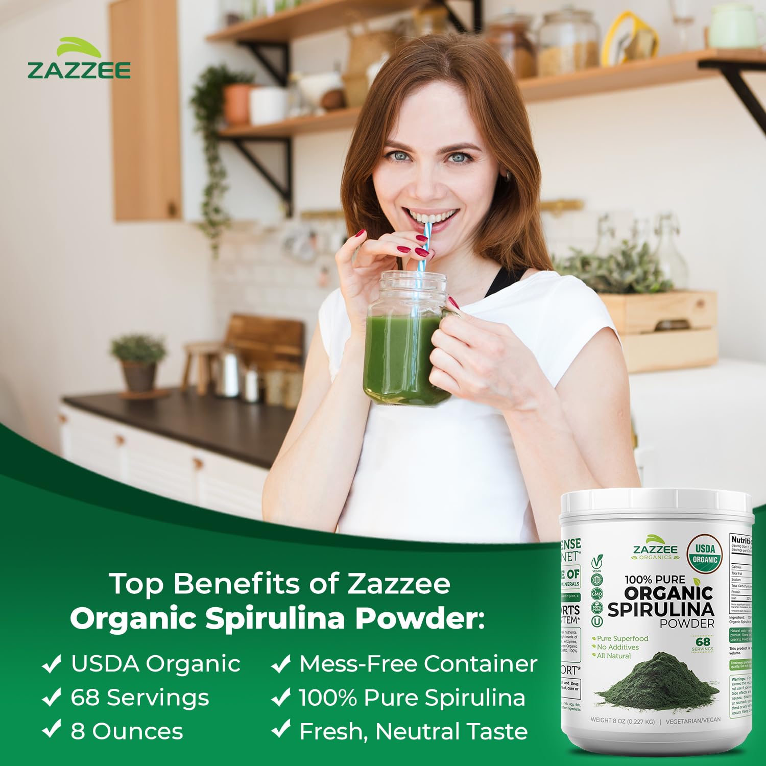 Zazzee USDA Organic Spirulina Powder, 8 Ounces, 68 Servings, 100% Pure | Certified Kosher, Non-Irradiated, Mess-Free Wide Mouth Container, Fresh Smell and Neutral Taste, Non-GMO, Made in USA