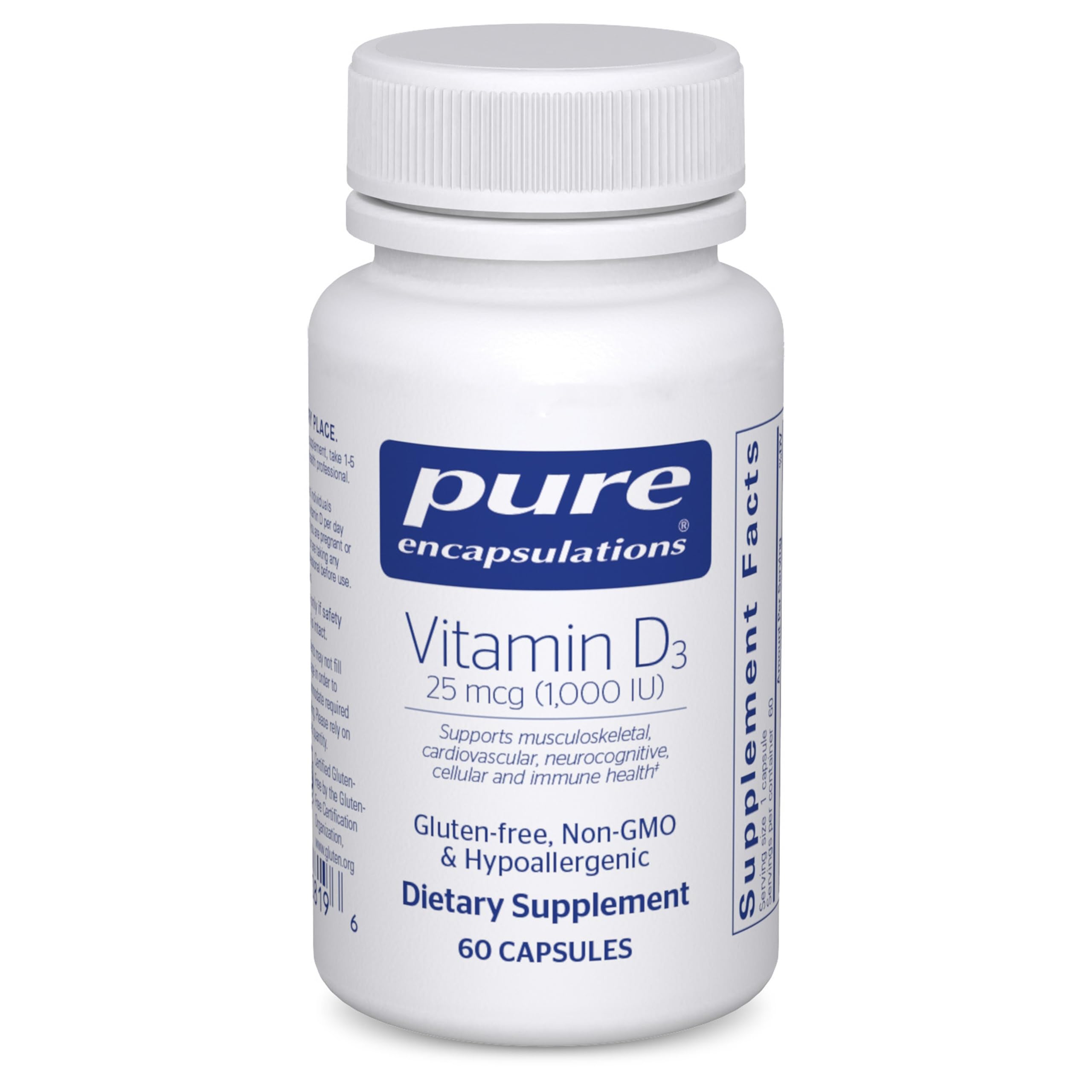 Pure Encapsulations Vitamin D3 25 mcg (1,000 IU), 60 Capsules | Supplement to Support Bone, Joint, Breast, Heart, Colon and Immune Health*, with Premium Vitamin D
