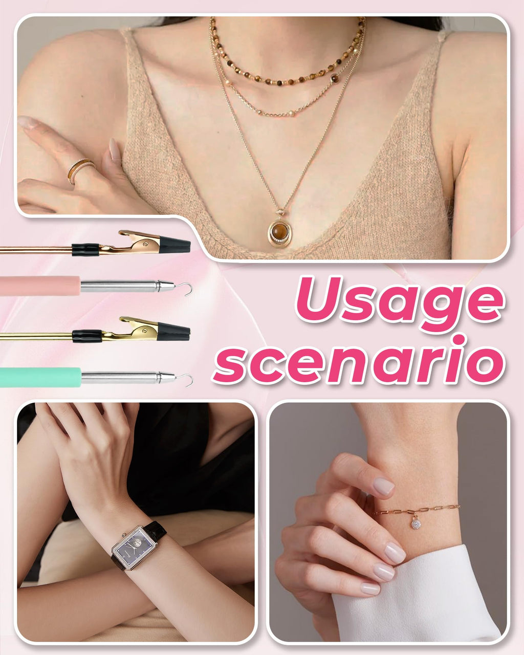 4 PCS Bracelet Helper Tool, Quick Release Fastener Helpers Tool Hooks for Necklace, Jewelry, Watch, Portable Bracelet Assistance Tool to Put on Yourself, Clip, Clasp Helper with Non-Slip Rubber Tips.